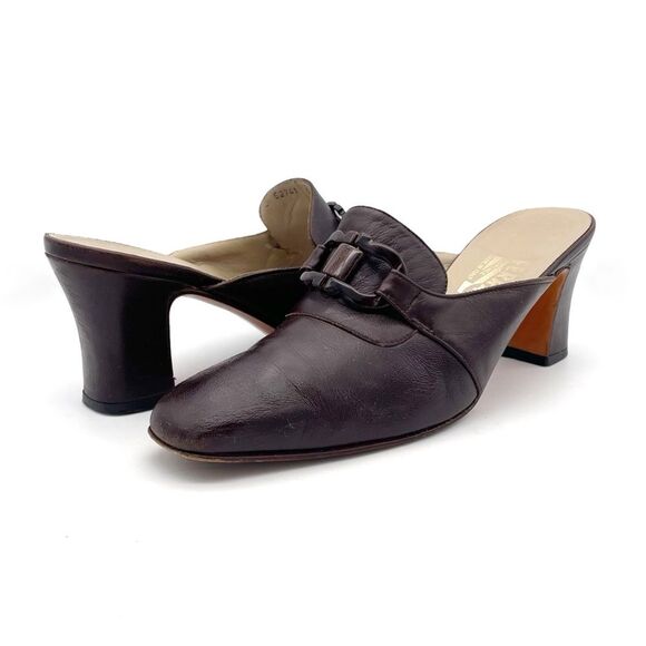 Vintage Salvatore Ferragamo Chocolate Brown Leather Square Toe Mules Size 8.5 - Picture 16 of 16
